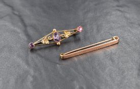 Two 9ct gold bar brooches, one set with amethyst and seed pearls, the other of plain rose gold, 5.7g