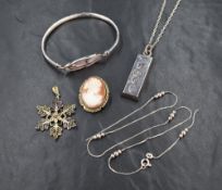 A small selection of silver and white metal jewellery stamped 800/835 including ingot pendant,