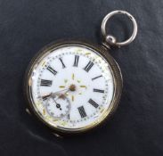 A small silver key wound, open face pocket watch, the white dial with Roman numerals, subsidiary