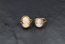 Two yellow metal shell cameo rings, both depicting maidens in profile mounted in bezel settings on