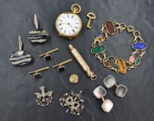 A small selection of jewellery including a small gold plated top wound pocket watch having Roman