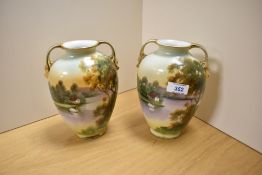 A pair of early 20th Century Japanese Noritake vases, hand painted with traditional scenes and