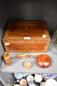 A Victorian walnut parquetry inlaid table box, measuring 12cm x 28cm x 20cm, and a selection of