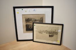 Eugene Bejot (1867-1931, French), etchings, Two illustrations of Bains Vigier & Dourarnenes Vu De