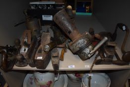 A selection of mixed tools, various block planes, smoothing planes, brace etc