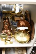 A selection of 19th Century brass and copperware, to include a squat brass kettle with turned