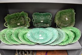 A selection of 19th Century majolica style oak leaf design plates, some with damage, the largest