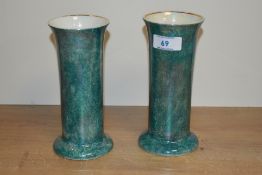 A pair of Art Deco Leighton pottery turquoise lustre pillar vases, shape 4902, and each measuring