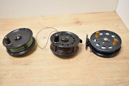 Two JW Young Pridex fly reels and a Speedia centre pin reel