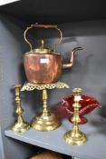 An early 19th Century copper fireside kettle, measuring 28cm high, a Victorian pierced brass trivet,
