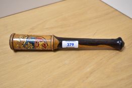 A Victorian Railway Police truncheon, having painted coat of arms and moulded wood grip, measuring