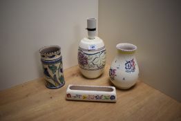 A mid-20th Century Poole pottery lamp base, measuring 24cm high, and three Poole/ Poole style