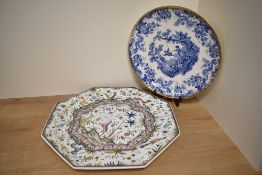 A large and attractive Portuguese Filcer Faience pottery octagonal charger, decorated with animals