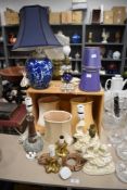 A 20th Century Chinese cobalt blue table lamp, with bamboo design and measuring 43cm with shade,