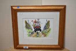 After Linda Birkinshaw (contemporary), coloured print, 'Country Chaos', signed, framed, mounted, and