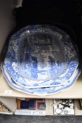 A Spode transfer-printed blue and white Italian pattern turkey plate or ashettle, moulded with