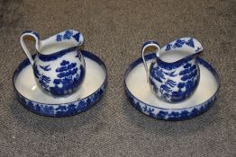 Two 19th Century Doulton Burslem blue and white jugs and bowls in the 'Willow' pattern, stamped to t