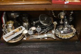 A selection of silver plated ware, to include two white metal pheasant studies, scalloped dishes,