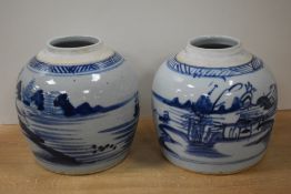 A pair of 19th Century Chinese Export blue and white ginger jars, without lids, both hand painted