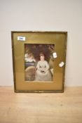 A framed and mounted print depicting a 19th Century School portrayal of a girl and lamb, measuring