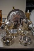 A selection of plated ware including a Mappin and Webb tea set, gallery tray, two wine coasters