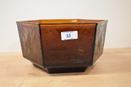 An attractive early 20th Century hexagonal Sherdley amber coloured glass bowl, of Art Deco design