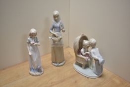 A group of three Lladro style porcelain figurines, one bearing mark for Miguel Requena (flake chip)