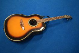 An Ovation Applause electro acoustic guitar , model AE21, please note loop added to headstock for