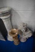A bust on stand, in modern moulded concrete and a water feature centre