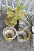 Six concrete garden planters, with tulip decoration