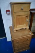 A natural pine bedside cabinet and similar three drawer chest