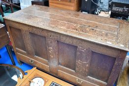 A period oak kist/coffer having monogram and date AM, 1739, dimensions approx W139 D58 H82cm