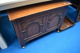 A vintage oak and ply blanket box, on shepherds style castors, width approx. 91cm