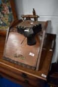A 19th Century oak coal purdonium, bellows and fire screen