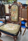 A Victorian prayer style chair with tapestry seat and back , twist frame to back, on shaped legs