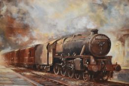 20th Century School, oil on board, A steam locomotive passing through a railway station, signed