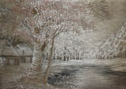 19th/20th Century, needlework embroidery, A Continental landscape with thatched roof houses,