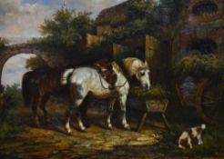 19th Century Dutch School style oil on board, Horses feeding beside a stable, signed indistinctly t