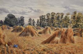 Edward George Hobley (1866-1916, British), watercolour, 'Harvest Time', a scene depicting haystacks,