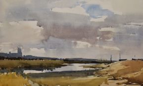 Edward Wesson (1910-1983, British), watercolour, A river landscape with church steeple beyond,