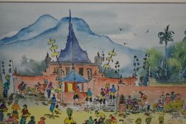 20th Century Asian School, watercolours, Two busy street scenes depicting vendors, signed, framed,