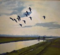 After Peter Markham Scott (1909-1989, British), coloured print, Ducks in flight, mounted,