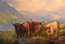 T.Hayes (19th Century School), oil, Three Highland cows within a remote Scottish landscape, a