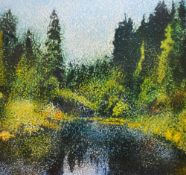 After Max Mahlow (b.1955, German), coloured print, Two Pointillist style landscapes, signed to the