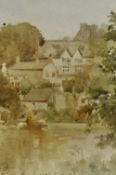 20th Century School, watercolour, A river view with town houses behind, monogram 'DD' to the lower