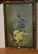 20th Century, pastel/paper, A still life arrangement depicting blue and yellow irises, framed and