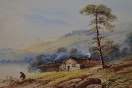 19th Century School, watercolours, Two idyllic landscapes with lakes, mountains, and fishing