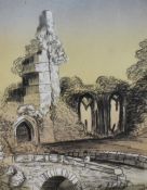 Agnes Dewhurst (19th Century School), watercolour, An architectural ruin with stone arched bridge to