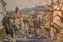 Angus Rands (1922-1985, British), watercolour, A view downhill into a coastal town, signed to the