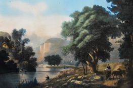 19th/20th Century, coloured print, An idyllic Continental landscape with figures by a lake, artist